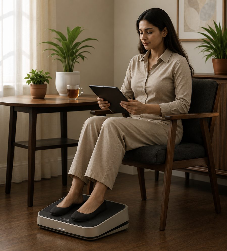SUKHDA in use — passive calf exercise for circulation and recovery Person using SUKHDA calf therapy device while seated — passive calf muscle pump exercise for blood circulation, leg swelling relief, and diabetes management at home