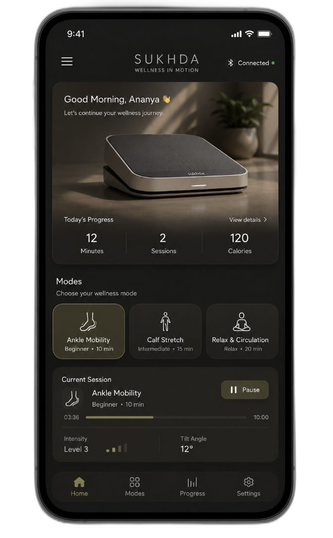 SUKHDA App — Smart Calf Therapy on Your Phone SUKHDA wellness app screenshot — track calf therapy sessions, monitor blood circulation progress, set health goals, and control the device from your phone. Available for iOS and Android.