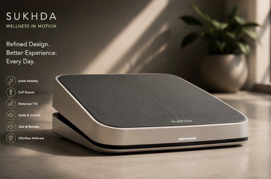 SUKHDA Smart Calf Exercise Device — Patented in India SUKHDA motorized calf exercise device — India's first patented smart calf therapy machine for walking benefits without walking. Designed for elderly, diabetic patients, and rehabilitation use.
